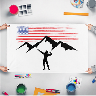 A mockup of the custom flag 'Arnold Archer Pose flag' held up on a table during print checking