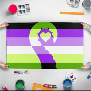 A mockup of the custom flag 'Monster flag' held up on a table during print checking