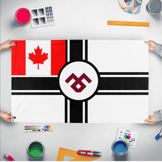 A mockup of the custom flag 'Reyism Canadian Republic flag' held up on a table during print checking