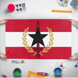 A mockup of the custom flag 'Reyism Republic flag' held up on a table during print checking