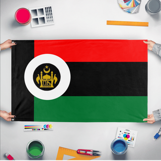 A mockup of the custom flag 'Afghani empire flag' held up on a table during print checking