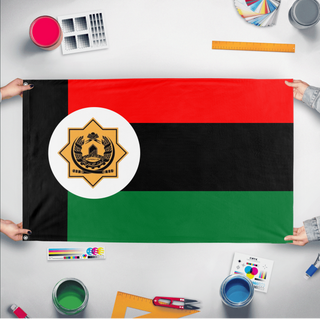 A mockup of the custom flag 'UAE empire flag' held up on a table during print checking