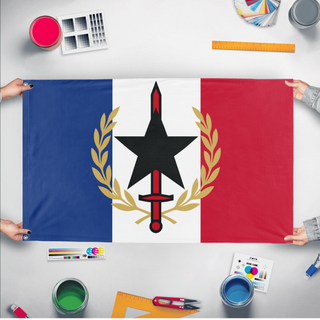 A mockup of the custom flag 'Reyism France flag' held up on a table during print checking