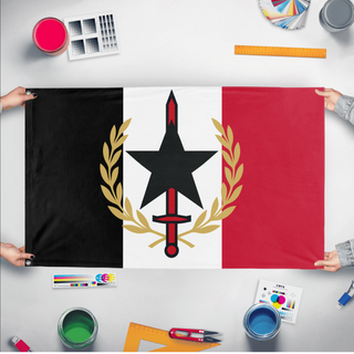 A mockup of the custom flag 'Reyism Movement flag' held up on a table during print checking