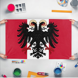 A mockup of the custom flag 'Reyism Canada flag' held up on a table during print checking