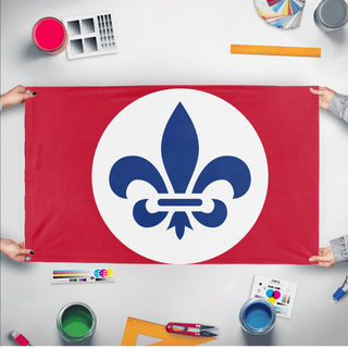 A mockup of the custom flag 'Reyism Anti Monarchist Movement flag' held up on a table during print checking