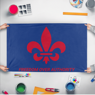 A mockup of the custom flag 'Slogan flag' held up on a table during print checking