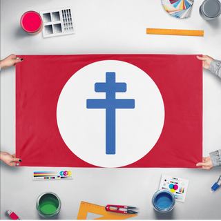 A mockup of the custom flag 'Reyism flag' held up on a table during print checking