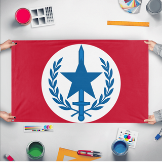 A mockup of the custom flag 'Reyism Movement flag' held up on a table during print checking
