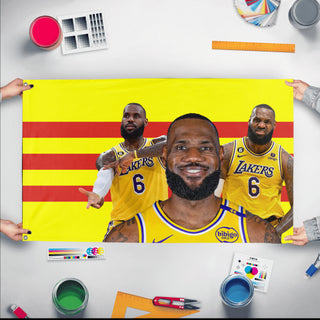 A mockup of the custom flag 'test flag' held up on a table during print checking