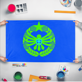 A mockup of the custom flag 'Econation flag' held up on a table during print checking