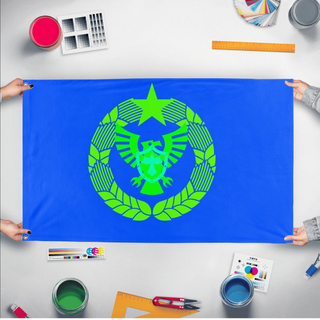 A mockup of the custom flag 'Econation flag' held up on a table during print checking
