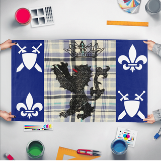 A mockup of the custom flag 'Thrauthemburg flag' held up on a table during print checking
