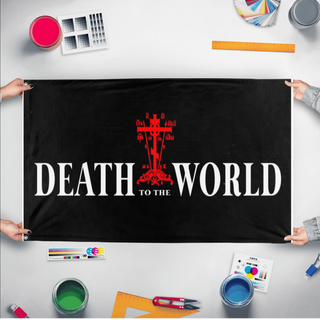 A mockup of the custom flag 'Death to the world flag' held up on a table during print checking