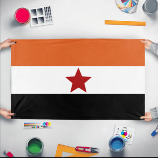 A mockup of the custom flag 'Western Central flag' held up on a table during print checking