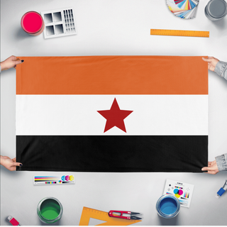 A mockup of the custom flag 'null flag' held up on a table during print checking