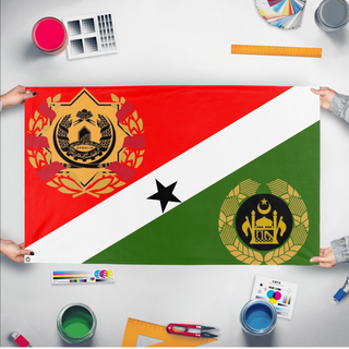 A mockup of the custom flag 'Afghanistan redsign flag' held up on a table during print checking