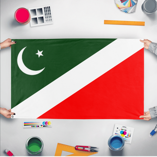 A mockup of the custom flag 'Pakistan flag redsign flag' held up on a table during print checking