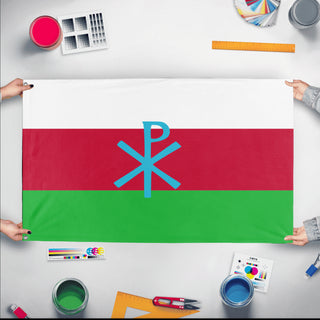 A mockup of the custom flag 'Snowlandia flag' held up on a table during print checking