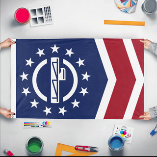 A mockup of the custom flag 'Patriot Front flag' held up on a table during print checking