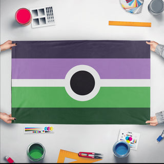 A mockup of the custom flag 'Voidpunk Pride flag' held up on a table during print checking
