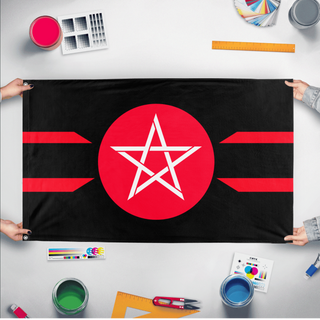 A mockup of the custom flag 'Republic of Dragonia flag' held up on a table during print checking