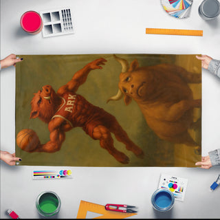 A mockup of the custom flag 'yogurt flag' held up on a table during print checking