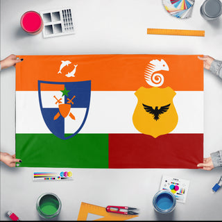 A mockup of the custom flag 'Sri Lankan-Indian Union flag' held up on a table during print checking