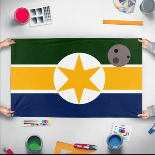 A mockup of the custom flag 'Flag Of Earth flag' held up on a table during print checking