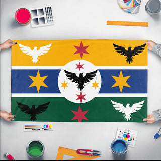 A mockup of the custom flag 'Eagles & Stars flag' held up on a table during print checking