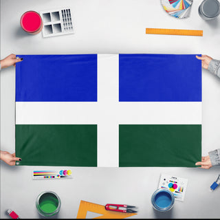 A mockup of the custom flag 'New Columbia flag' held up on a table during print checking