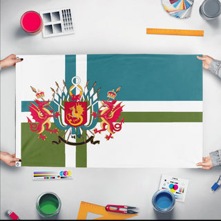 A mockup of the custom flag 'Aniceile34 flag' held up on a table during print checking