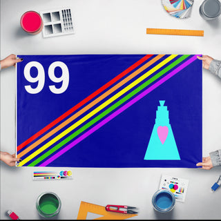 A mockup of the custom flag 'howland island flag' held up on a table during print checking