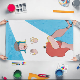 A mockup of the custom flag 'Dancing Woman Test flag' held up on a table during print checking