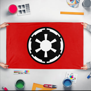 A mockup of the custom flag 'Galactic Empire flag' held up on a table during print checking