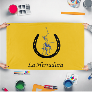 A mockup of the custom flag 'La Herradura Polo Club flag' held up on a table during print checking