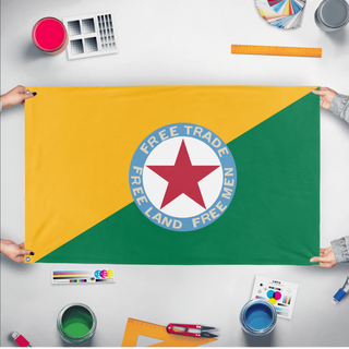 A mockup of the custom flag 'Social-Georgism flag' held up on a table during print checking