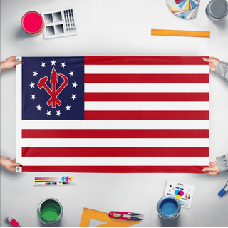 A mockup of the custom flag 'Juche America flag' held up on a table during print checking