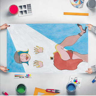 A mockup of the custom flag 'Dancing Woman flag' held up on a table during print checking