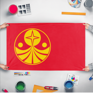 A mockup of the custom flag 'Galactic Empire - Foundation flag' held up on a table during print checking