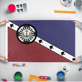 A mockup of the custom flag 'Free New Vegas flag' held up on a table during print checking