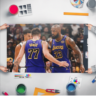 A mockup of the custom flag 'Luka and Bron flag' held up on a table during print checking