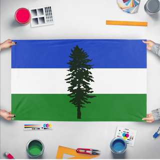 A mockup of the custom flag 'Cascadia flag' held up on a table during print checking
