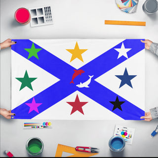 A mockup of the custom flag 'The Eight Stars & 2 Dolphins flag' held up on a table during print checking