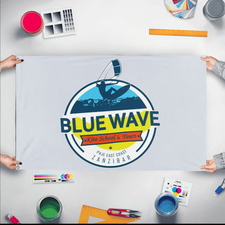 A mockup of the custom flag 'BLUE WAVE flag' held up on a table during print checking