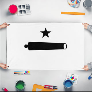 A mockup of the custom flag 'railer flag' held up on a table during print checking