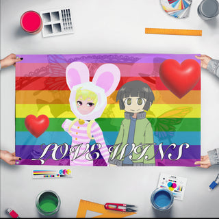 A mockup of the custom flag 'Love Wins flag' held up on a table during print checking