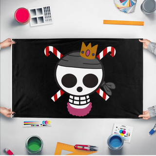 A mockup of the custom flag 'king candy pirates flag' held up on a table during print checking
