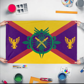 A mockup of the custom flag 'Caasi Republic Flag' held up on a table during print checking