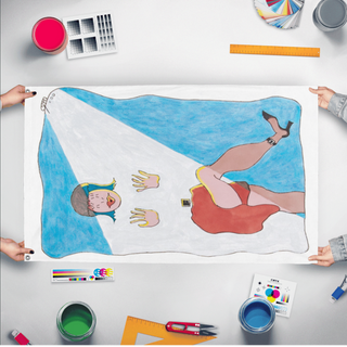 A mockup of the custom flag 'Dancing Woman flag' held up on a table during print checking